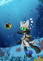 Size: 2150x3035 | Tagged: safe, artist:chef-cheiro, imported from derpibooru, oc, oc only, oc:sea glow, fish, pegasus, pony, air tank, bubble, dive mask, diving, diving suit, drysuit, flippers, flippers (gear), hooded wetsuit, male, rebreather, regulator, respirator, rubber, scuba, scuba diving, scuba gear, scuba mask, shiny, solo, stallion, swimming, underwater, weight belt, wetsuit