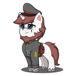 Size: 4093x4093 | Tagged: safe, artist:jcosneverexisted, imported from derpibooru, oc, oc only, oc:frederick, pony, unicorn, my little pony: pony life, angry, beard, cap, clothes, facial hair, g4.5, hat, male, scar, simple background, solo, stallion, transparent background, uniform, unshorn fetlocks