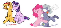 Size: 1566x731 | Tagged: safe, artist:yaaaco, artist:yaco, imported from derpibooru, limestone pie, pinkie pie, starlight glimmer, sunset shimmer, earth pony, pony, unicorn, alternate hairstyle, annoyed, blushing, cheek kiss, eyes closed, female, grin, hug, kiss on the cheek, kissing, lesbian, mare, one eye closed, open mouth, shimmerglimmer, shipping, siblings, simple background, sisters, sitting, smiling, white background, wink