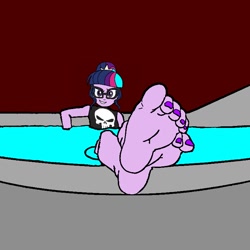 Size: 768x768 | Tagged: safe, artist:superfanda, imported from derpibooru, sci-twi, twilight sparkle, equestria girls, base used, feet, fetish, foot fetish, foot focus, jacuzzi, nail polish, powerful sparkle, punisher skull, toenail polish