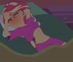 Size: 9546x8051 | Tagged: artist needed, source needed, safe, artist:darkplayerferraz269, imported from derpibooru, sunset shimmer, human, equestria girls, absurd resolution, arm behind head, base used, bed, bedroom, bedsheets, bedside stand, belly button, blanket, blushing, breasts, clothes, eyebrows, eyebrows up, eyelashes, female, heat, indoors, midriff, muticolored hair, night, nightmare, pajamas, pillow, red face, shirt, shirt lift, shorts, sleep shorts, sleep t-shirt, sleeping, solo, sweat, t-shirt