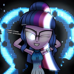 Size: 2500x2500 | Tagged: safe, artist:aryatheeditor, imported from derpibooru, sci-twi, twilight sparkle, equestria girls, accessories, accessory, armpits, blue background, blue eyes, clothes, cutie mark, cutie mark on clothes, dress, female, geode of telekinesis, glasses, glow, glowing, glowing eyes, grin, magical geodes, one eye closed, powerful sparkle, shirt, simple background, sleeveless, sleeveless shirt, smiling, solo, wink