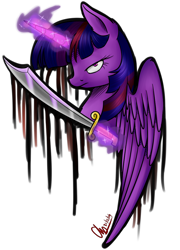 Size: 810x1123 | Tagged: safe, artist:mysteryart716, imported from derpibooru, twilight sparkle, wild card, alicorn, pony, elements of insanity, anti-hero, anti-heroine, brutalight sparcake, bust, doppelganger, female, hero, heroine, magic, magic aura, magical telekinesis, mare, multicolored mane, portrait, profile, purple eyes, purple fur, purple wings, scimitar, serious, shrunken pupils, simple background, solo, sword, telekinesis, tomboy, transparent background, twilight sparkle (alicorn), watermark, weapon