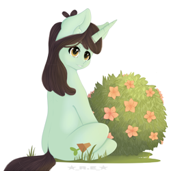 Size: 3840x3840 | Tagged: safe, artist:rise-of-evil-69, artist:rise_of_evil_69, imported from derpibooru, sprout greenhoof, pony, unicorn, big eyes, brown mane, ear fluff, flower, grass, grass field, green body, las pegasus resident, looking at you, plant, shrub, simple background, solo, white background, yellow eyes