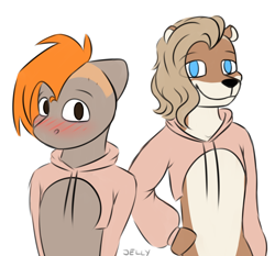 Size: 3000x2800 | Tagged: safe, artist:jellysiek, artist:jellysketch, imported from derpibooru, oc, oc only, oc:carmel, anthro, otter, pegasus, blushing, duo, eye clipping through hair, furry, looking at you, other species, shy, simple background, smiling, white background