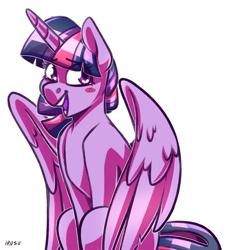 Size: 1778x1918 | Tagged: safe, artist:lrusu, imported from derpibooru, twilight sparkle, alicorn, pony, blushing, female, looking at you, mare, simple background, sitting, smiling, solo, twilight sparkle (alicorn), white background