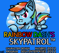 Size: 480x432 | Tagged: safe, artist:mudkip91/tetrahedron, imported from derpibooru, rainbow dash, pegasus, pony, 20% cooler, cloud, crossover, drawing edit, game crossover, game gear, gradient, rainbow dash approved, rainbow dash's skypatrol, rainbow text, sega, shading, sky, sonic the hedgehog (series), tails skypatrol, title, title screen