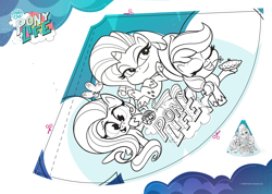 Size: 3578x2551 | Tagged: safe, imported from derpibooru, applejack, fluttershy, rarity, pony, my little pony: pony life, activity sheet, coloring page, g4.5, hat, my little pony logo, official, party hat