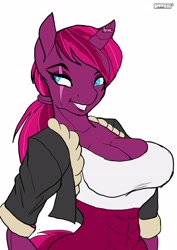 Size: 2896x4096 | Tagged: safe, artist:skyart301, artist:skyline19, imported from derpibooru, tempest shadow, anthro, unicorn, abs, alternate hairstyle, aside glance, breasts, broken horn, busty tempest shadow, cleavage, clothes, female, high res, horn, jacket, looking at you, mare, midriff, muscles, muscular female, open jacket, palindrome get, ponytail, scar, sideways glance, smiling, solo, tanktop, temple shadow