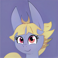 Size: 1024x1024 | Tagged: safe, artist:thisponydoesnotexist, imported from derpibooru, oc, oc only, oc:babbling brook, pony, ai content, ai generated, big ears, cute, female, generator:thisponydoesnotexist, impossibly large ears, impossibly long ears, long ears, looking at you, mare, neural network, ocbetes, simple background, smiling, solo, spiky mane