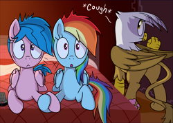 Size: 7200x5152 | Tagged: safe, artist:sorcerushorserus, imported from derpibooru, firefly, gilda, rainbow dash, griffon, pegasus, pony, comic:dash academy, absurd resolution, bed, butt, caught, comic, cough, dashfly, female, g1, holding hooves, hotel, hotel room, lesbian, mare, movie, pillow, plot, remote control, shipping, television, upscaled, waifu2x