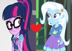 Size: 387x276 | Tagged: safe, edit, edited screencap, imported from derpibooru, screencap, sci-twi, trixie, twilight sparkle, equestria girls, equestria girls series, female, lesbian, sci-twixie, shipping, shipping domino, twixie