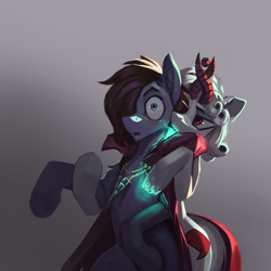 Size: 3000x3000 | Tagged: safe, artist:nsilverdraws, imported from derpibooru, oc, oc:bizarre song, oc:razlad, pony, cape, cheeky, clothes, cutie mark, dancing, helix horn, hoof hold, horn, magic, pose, shocked, soul, soul stealing, succ, suck, sucking