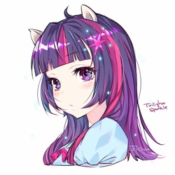 Size: 650x650 | Tagged: safe, artist:jojo0327, imported from derpibooru, twilight sparkle, human, equestria girls, anime, blushing, bust, cute, cutie mark accessory, eared humanization, female, human coloration, humanized, ponied up, simple background, solo, twiabetes, white background