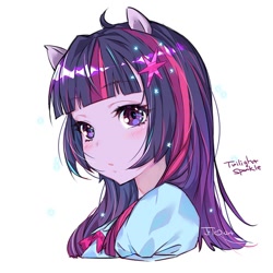 Size: 650x650 | Tagged: safe, alternate version, artist:jojo0327, imported from derpibooru, twilight sparkle, equestria girls, anime, blushing, bust, cute, cutie mark accessory, female, ponied up, simple background, solo, twiabetes, white background