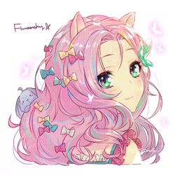 Size: 650x650 | Tagged: safe, artist:jojo0327, imported from derpibooru, fluttershy, rabbit, equestria girls, animal, anime, blushing, bow, bust, cute, female, hair bow, heart eyes, looking at you, ponied up, shyabetes, simple background, solo, white background, wingding eyes