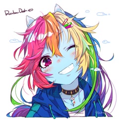 Size: 650x650 | Tagged: safe, artist:jojo0327, imported from derpibooru, rainbow dash, equestria girls, anime, blushing, bust, choker, chokerdash, clothes, cloud, cute, cutie mark accessory, dashabetes, female, hoodie, looking at you, one eye closed, ponied up, simple background, smiling, solo, white background, wink