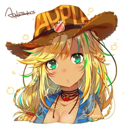 Size: 650x650 | Tagged: safe, artist:jojo0327, imported from derpibooru, applejack, human, anime, apple, blushing, braid, breasts, bust, cowboy hat, cute, denim jacket, female, food, hat, humanized, jackabetes, looking at you, simple background, solo, white background
