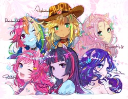 Size: 650x504 | Tagged: safe, artist:jojo0327, imported from derpibooru, applejack, fluttershy, pinkie pie, rainbow dash, rarity, twilight sparkle, equestria girls, alternative cutie mark placement, anime, blushing, bust, cute, cutie mark accessory, cutie mark on human, female, humane five, humane six, looking at you, one eye closed, open mouth, ponied up, smiling, wink