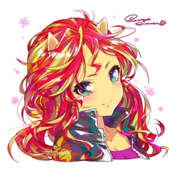 Size: 650x650 | Tagged: safe, artist:jojo0327, imported from derpibooru, sunset shimmer, equestria girls, anime, blushing, bust, cute, female, looking at you, ponied up, shimmerbetes, simple background, solo, white background