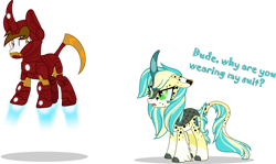 Size: 1280x763 | Tagged: safe, artist:mlp-trailgrazer, imported from derpibooru, oc, oc only, oc:artsy doodle, oc:evan, kirin, clothes, cosplay, costume, iron man, simple background, transparent background