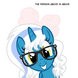 Size: 1024x1024 | Tagged: safe, artist:riofluttershy, imported from derpibooru, oc, oc only, oc:fleurbelle, alicorn, pony, adorabelle, adorkable, alicorn oc, bow, cute, dork, female, glasses, hair bow, horn, mare, meme, smiling, solo, wings, yellow eyes, you don't say