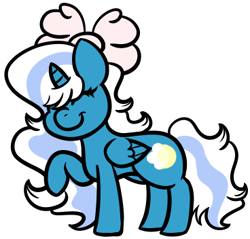 Size: 368x352 | Tagged: safe, artist:woofwoof-adopts, imported from derpibooru, oc, oc:fleurbelle, alicorn, adorabelle, alicorn oc, bow, eyes closed, female, hair bow, horn, mare, raised hoof, simple background, smiling, transparent background, wings