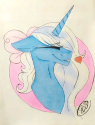 Size: 877x1145 | Tagged: safe, artist:iloveyou332, imported from derpibooru, oc, oc:fleurbelle, alicorn, adorabelle, alicorn oc, blushing, bow, cute, eyes closed, female, hair bow, heart, horn, mare, traditional art, wings