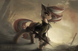 Size: 3451x2267 | Tagged: safe, artist:blvckmagic, imported from derpibooru, oc, oc only, oc:roulette, earth pony, pony, fallout equestria, fallout equestria: red 36, assault rifle, clothes, cloud, cloudy, fanfic art, female, gun, hoof wraps, jacket, leg wraps, looking at you, m16, mare, outdoors, rifle, sunset, wasteland, weapon