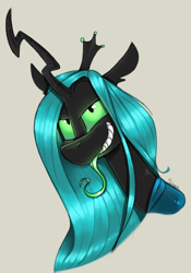 Size: 700x1000 | Tagged: safe, artist:sinrar, imported from derpibooru, queen chrysalis, changeling, changeling queen, bust, female, portrait, simple background, smiling, smug, solo