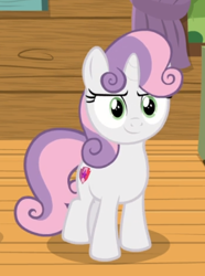 Size: 450x606 | Tagged: safe, imported from derpibooru, screencap, sweetie belle, pony, unicorn, marks and recreation, cropped, female, filly, looking at you, smiling, solo