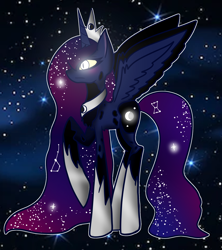 Size: 1600x1800 | Tagged: safe, artist:unikitty66, imported from derpibooru, princess luna, alicorn, pony, alternate hairstyle, alternate universe, crown, ethereal mane, female, glowing eyes, hoof shoes, jewelry, mare, markings, night, raised hoof, redesign, regalia, solo, space, starry mane, stars