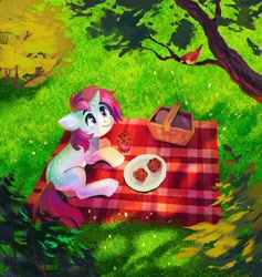 Size: 1360x1437 | Tagged: safe, artist:dearmary, imported from derpibooru, oc, oc only, bird, pony, unicorn, basket, dappled sunlight, picnic, picnic basket, picnic blanket, solo, tree