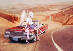 Size: 2048x1430 | Tagged: safe, artist:dearmary, imported from derpibooru, oc, oc only, anthro, pegasus, unguligrade anthro, cadillac, cadillac eldorado, car, desert, female, road, scenery, solo