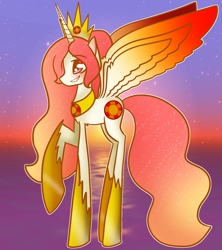 Size: 1600x1800 | Tagged: safe, artist:unikitty66, imported from derpibooru, princess celestia, alicorn, pony, alternate hairstyle, alternate universe, blushing, crown, female, grin, hoof shoes, jewelry, mare, redesign, regalia, smiling, solo