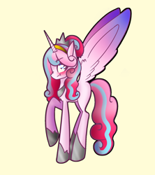 Size: 1600x1800 | Tagged: safe, artist:unikitty66, imported from derpibooru, princess flurry heart, alicorn, pony, alternate hairstyle, alternate universe, annoyed, blushing, crown, female, hoof shoes, jewelry, mare, older, older flurry heart, raised hoof, redesign, refalia, regalia, simple background, solo, yellow background