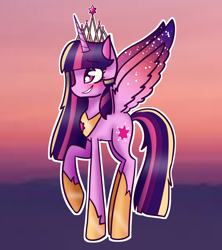 Size: 1600x1800 | Tagged: safe, artist:unikitty66, imported from derpibooru, twilight sparkle, alicorn, pony, alternate hairstyle, alternate universe, blushing, crown, female, grin, hoof shoes, jewelry, mare, redesign, regalia, smiling, solo, twilight sparkle (alicorn)