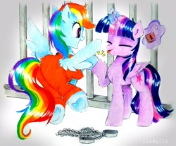 Size: 2810x2322 | Tagged: safe, artist:liaaqila, imported from derpibooru, rainbow dash, twilight sparkle, alicorn, pegasus, pony, butt, clothes, commission, cute, dashabetes, hoofbump, plot, prison outfit, prisoner rd, tongue out, traditional art, twilight sparkle (alicorn)