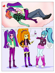 Size: 4578x5988 | Tagged: safe, artist:sodaska, imported from derpibooru, adagio dazzle, aria blaze, sonata dusk, oc, oc:ruby sword, equestria girls, bait and switch, bedroom eyes, blushing, butt grab, butt touch, canon x oc, embrace, female, grabbing hair, grope, hair grab, hand on butt, hand on chest, hand on head, heart, holding head, kissing, looking at each other, lucky bastard, making out, male, on top, pointing, shared dream, shipping, straight, stroking hair, teasing, the dazzlings, thought bubble, tsundaria, tsundere