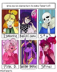 Size: 768x960 | Tagged: safe, artist:_noodelics_loose.limbs, imported from derpibooru, twilight sparkle, alicorn, dog, human, pony, six fanarts, the last problem, angry, animal crossing, bone, bust, clothes, crossover, danganronpa, danganronpa v3, element of magic, ethereal mane, eyes closed, female, gloves, gritted teeth, isabelle, kokichi oma, mare, peytral, pink diamond (steven universe), princess twilight 2.0, pure unfiltered evil, sans (undertale), skeleton, smiling, spinel (steven universe), starry mane, steven universe, twilight sparkle (alicorn), undertale