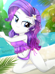 Size: 1800x2400 | Tagged: safe, artist:artmlpk, imported from derpibooru, rarity, equestria girls, adorable face, adorasexy, alternate hairstyle, beach, beautiful, bikini, bikini bottom, bikini top, clothes, cute, digital art, female, flower, flower in hair, lidded eyes, looking at you, ocean, palm tree, raribetes, sexy, sleeveless, smiling, smiling at you, solo, stupid sexy rarity, swimsuit, tree, two piece swimsuit, two-piece swimsuit, water, watermark, wet