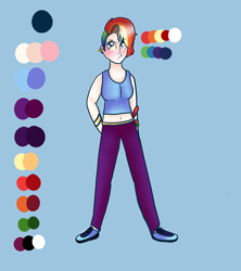 Size: 1600x1800 | Tagged: safe, artist:unikitty66, imported from derpibooru, rainbow dash, human, albino, alternate hairstyle, belly button, blue background, blushing, clothes, ear piercing, earring, eyebrow piercing, female, humanized, jewelry, midriff, pants, piercing, rainbow dash is not amused, reference sheet, shoes, simple background, sneakers, solo, sweatpants, tanktop, unamused, wristband