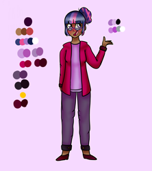 Size: 1600x1800 | Tagged: safe, artist:unikitty66, imported from derpibooru, twilight sparkle, human, alternate hairstyle, blushing, clothes, dark skin, female, flats, glasses, hair bun, hoodie, humanized, jeans, open mouth, pants, purple background, reference sheet, shirt, shoes, simple background, solo, t-shirt