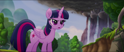 Size: 1920x808 | Tagged: safe, imported from derpibooru, screencap, twilight sparkle, alicorn, pony, my little pony: the movie, canterlot, female, mare, nature, solo, twilight sparkle (alicorn), waterfall