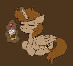 Size: 2048x1849 | Tagged: safe, artist:leslers, imported from derpibooru, oc, oc only, oc:leslers, alicorn, pony, alicorn oc, brown background, eyes closed, glowing horn, horn, magic, prone, simple background, smoothie, solo, telekinesis, wings