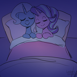 Size: 2143x2153 | Tagged: safe, artist:leslers, imported from derpibooru, starlight glimmer, trixie, pony, unicorn, bed, cute, diatrixes, female, glimmerbetes, high res, lesbian, shipping, sleeping, startrix