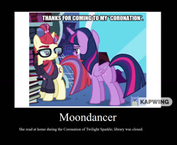 Size: 1280x1057 | Tagged: safe, artist:thor-disciple, edit, edited screencap, imported from derpibooru, screencap, moondancer, twilight sparkle, alicorn, pony, unicorn, amending fences, black background, book, bookshelf, caption, clothes, demotivational poster, female, image macro, kapwing, mare, meme, sarcasm, simple background, sweater, text, twilight sparkle (alicorn), twilight's canterlot home