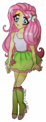 Size: 1458x3803 | Tagged: safe, alternate version, artist:psbellbunny, imported from derpibooru, fluttershy, equestria girls, anime eyes, anime style, blushing, clothes, eyelashes, female, hairclip, high heels, shoes, signature, simple background, skirt, smiling, socks, solo, traditional art, uguu, white background