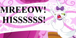 Size: 640x320 | Tagged: safe, edit, edited screencap, imported from derpibooru, screencap, opalescence, do princesses dream of magic sheep, angry, bow, carousel boutique, cat noises, cropped, hair bow, reaction image