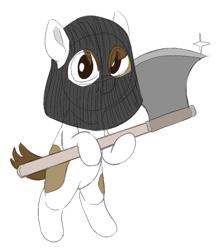 Size: 711x794 | Tagged: safe, artist:heretichesh, imported from derpibooru, pipsqueak, earth pony, pony, axe, colt, executioner, male, mask, out of character, simple background, solo, weapon, white background